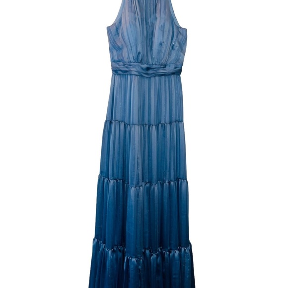 MAC DUGGAL tie neck halter tiered gown maxi dress light blue metallic formal 4 - Picture 5 of 13